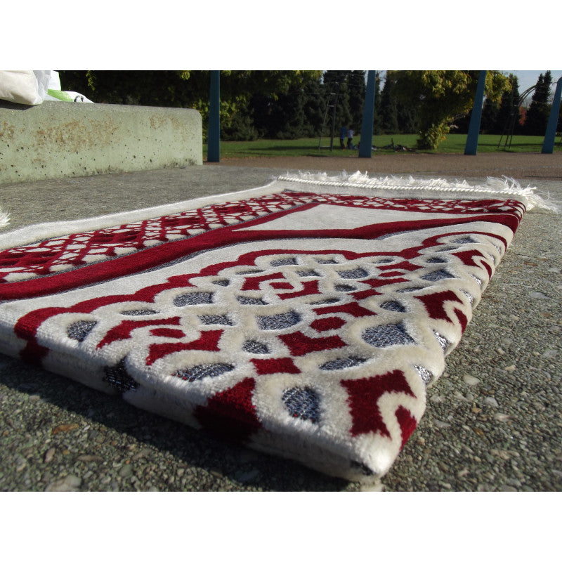 Tapis de Prière - Contour Géométrique - Fond Blanc - Couleur Rouge