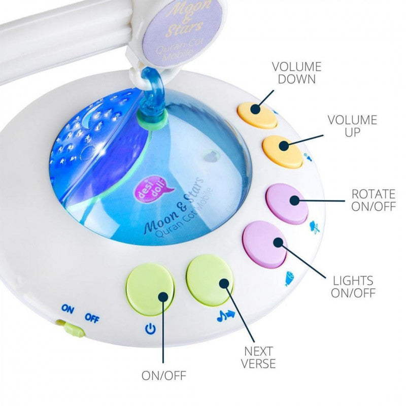 Mobile Bébé Coranique Lumineux « Lune Étoiles» Télécommandé - Mobile Moon & Stars Desi Doll - Librairie Al Minhaj