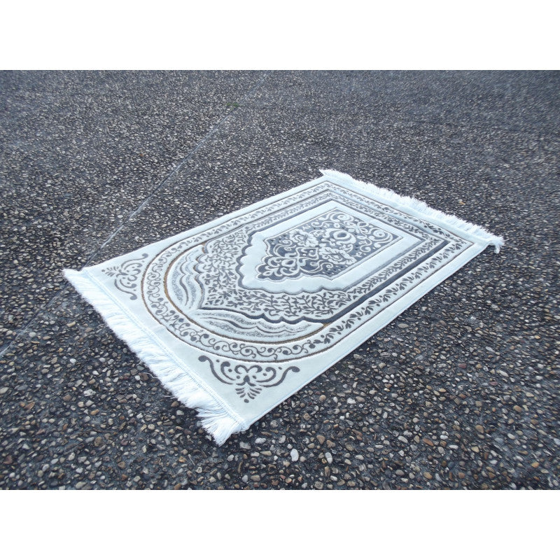 Tapis de Prière épais, Grande Taille (117 x 82 cm), Confortable - Fond Blanc & Motif Gris - Librairie Al Minhaj