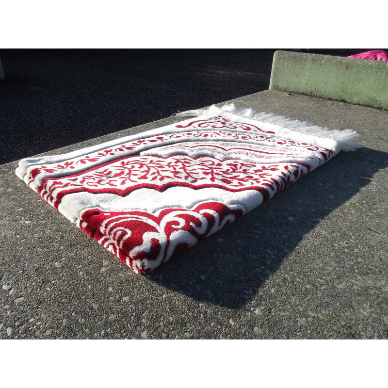 Tapis de Prière épais, Grande Taille (117 x 82 cm), Confortable - Fond Blanc & Motif Rouge - Librairie Al Minhaj