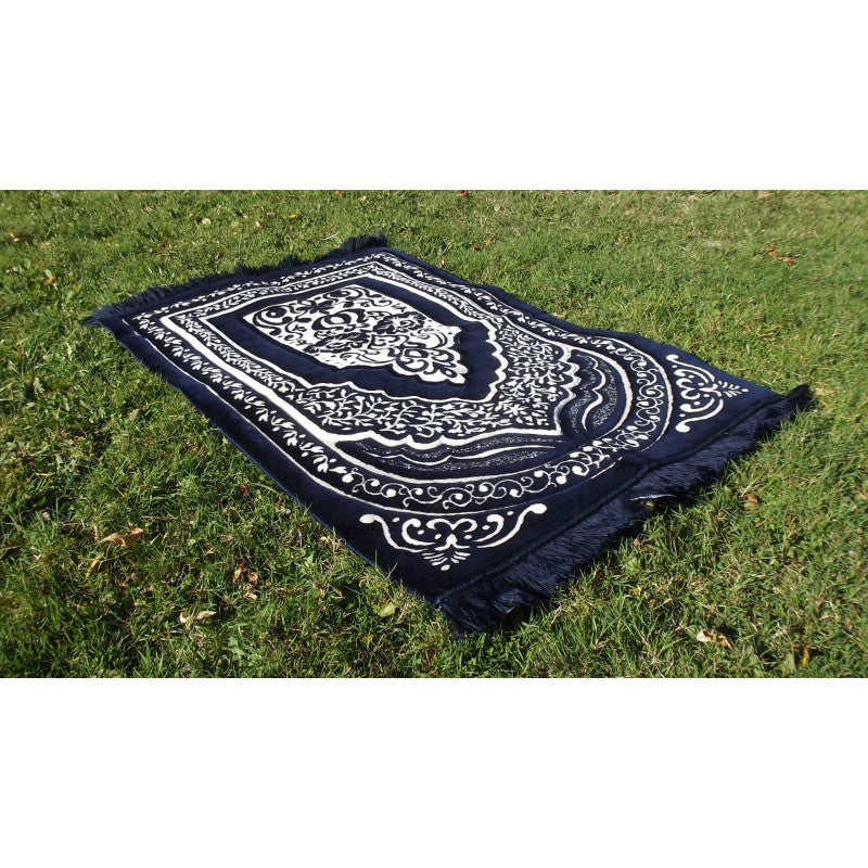 Tapis de Prière épais, Grande Taille (117 x 82 cm), Confortable - Fond Bleu & Motif Blanc - Librairie Al Minhaj