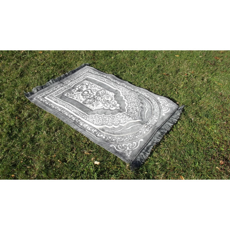 Tapis de Prière épais, Grande Taille (117 x 82 cm), Confortable - Fond Gris & Motif Blanc - Librairie Al Minhaj