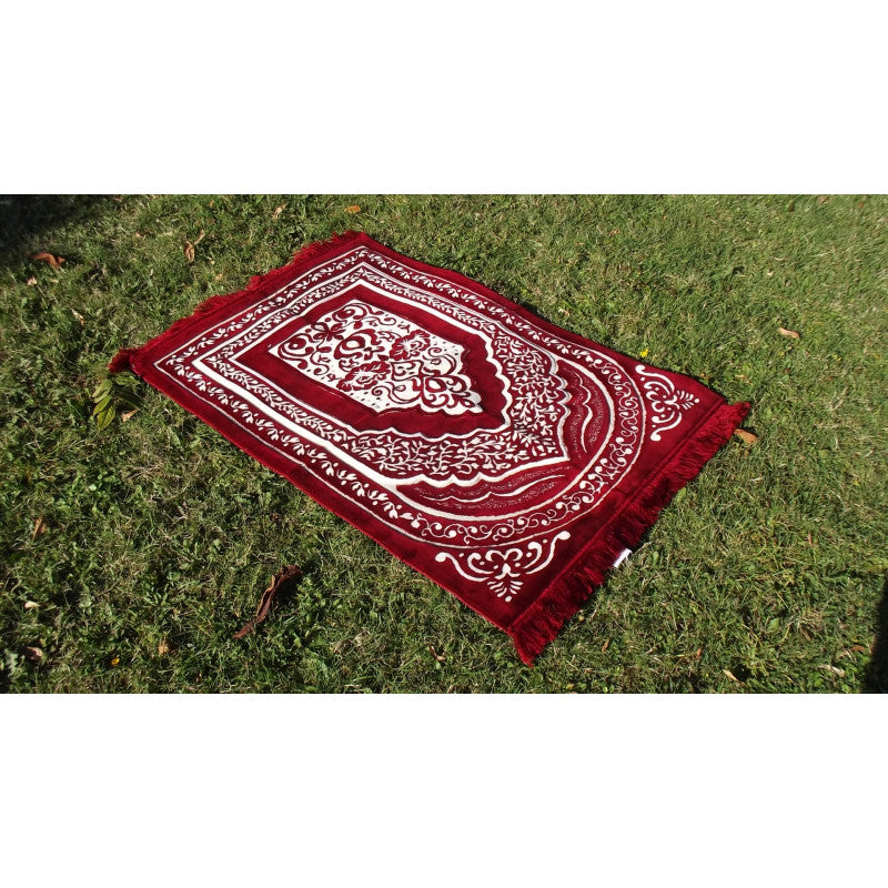 Tapis de Prière épais, Grande Taille (117 x 82 cm), Confortable - Fond Rouge & Motif Blanc - Librairie Al Minhaj