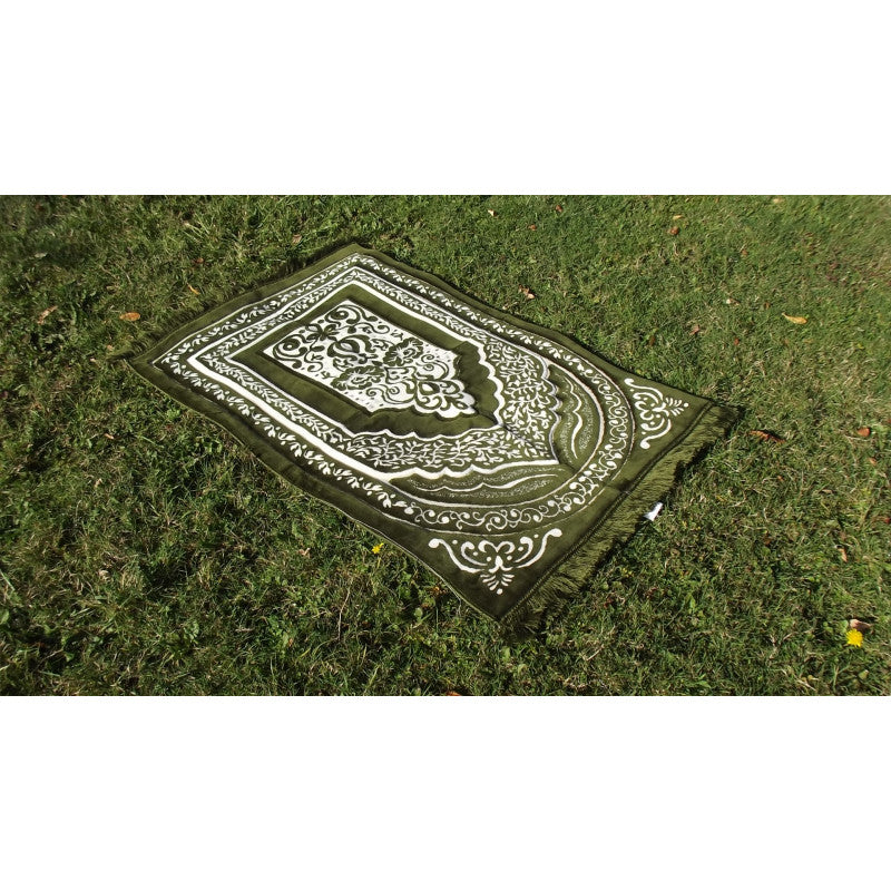 Tapis de Prière épais, Grande Taille (117 x 82 cm), Confortable - Fond Vert & Motif Blanc - Librairie Al Minhaj