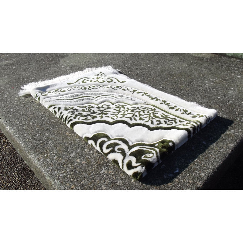 Tapis de Prière épais, Grande Taille (117 x 82 cm), Confortable - Motif Vert sur Fond Blanc - Librairie Al Minhaj