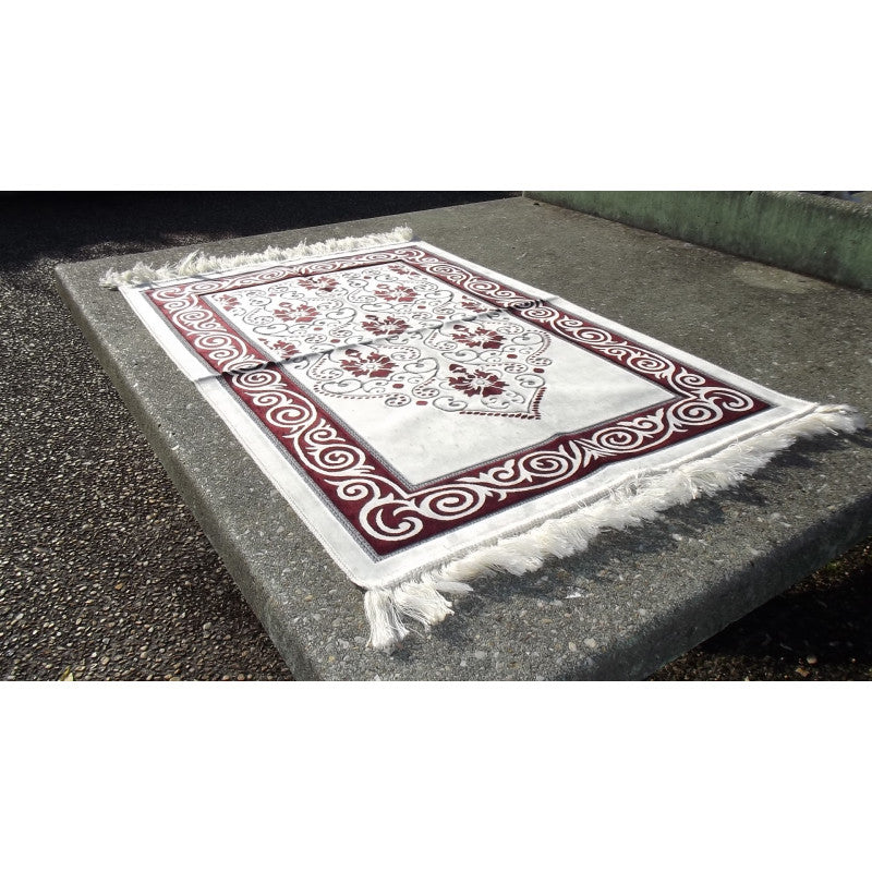Tapis de Prière - Fond Blanc - Motif Fleurs - Couleur Rouge - Librairie Al Minhaj