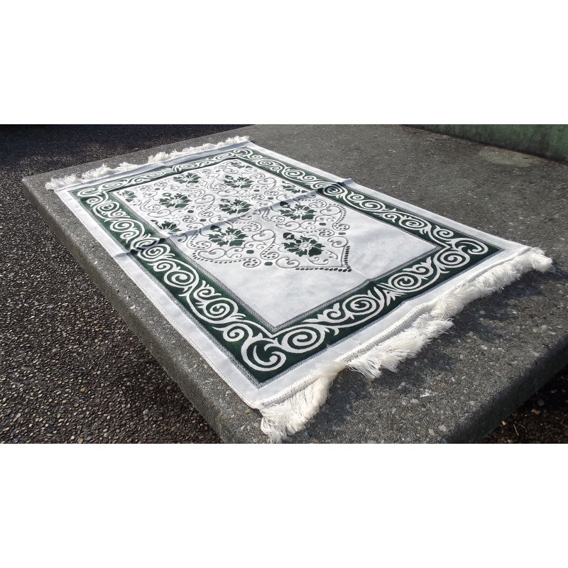 Tapis de Prière - Fond Blanc - Motif Fleurs - Couleur Vert - Librairie Al Minhaj