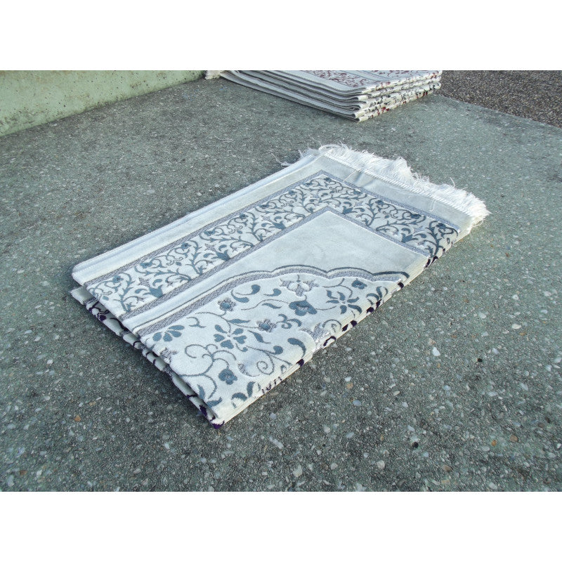 Tapis de Prière - Motif Jardin - Fond Blanc - Couleur Bleu Ardoise - Librairie Al Minhaj